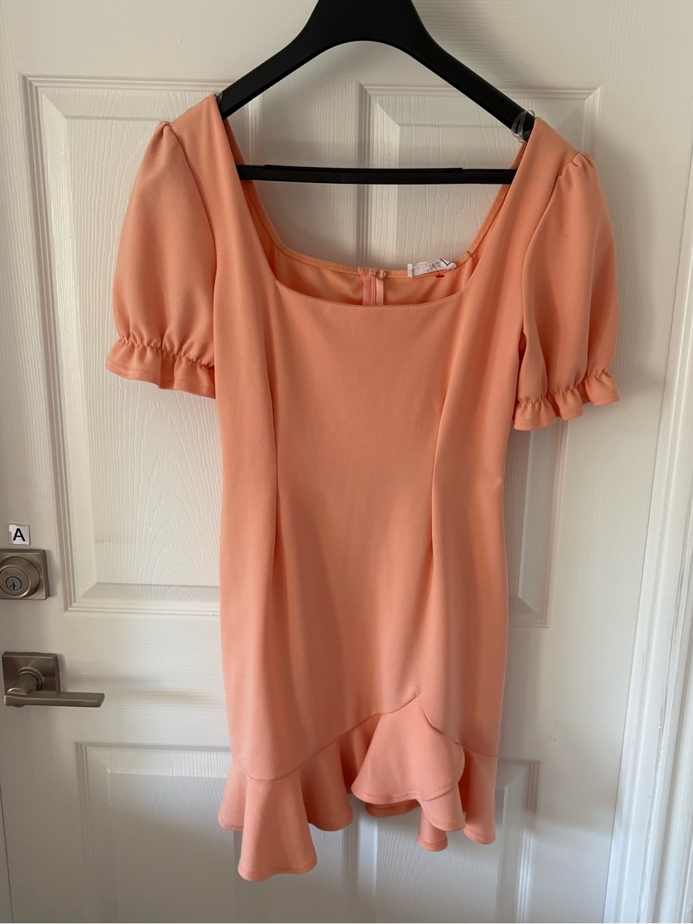 Vntg Peach Puff Sleeve Mini Dress Square Neck Flowy Hem Size S